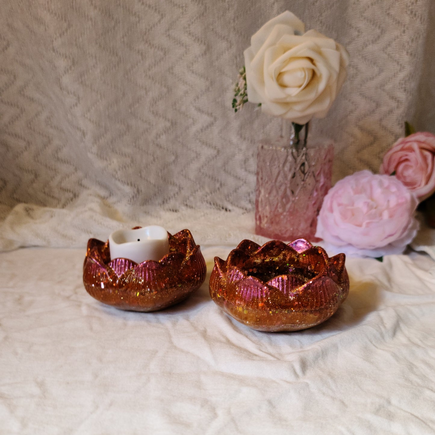 Pink, Orange, & Gold Flower Candle Holders. Set of 2, Resin