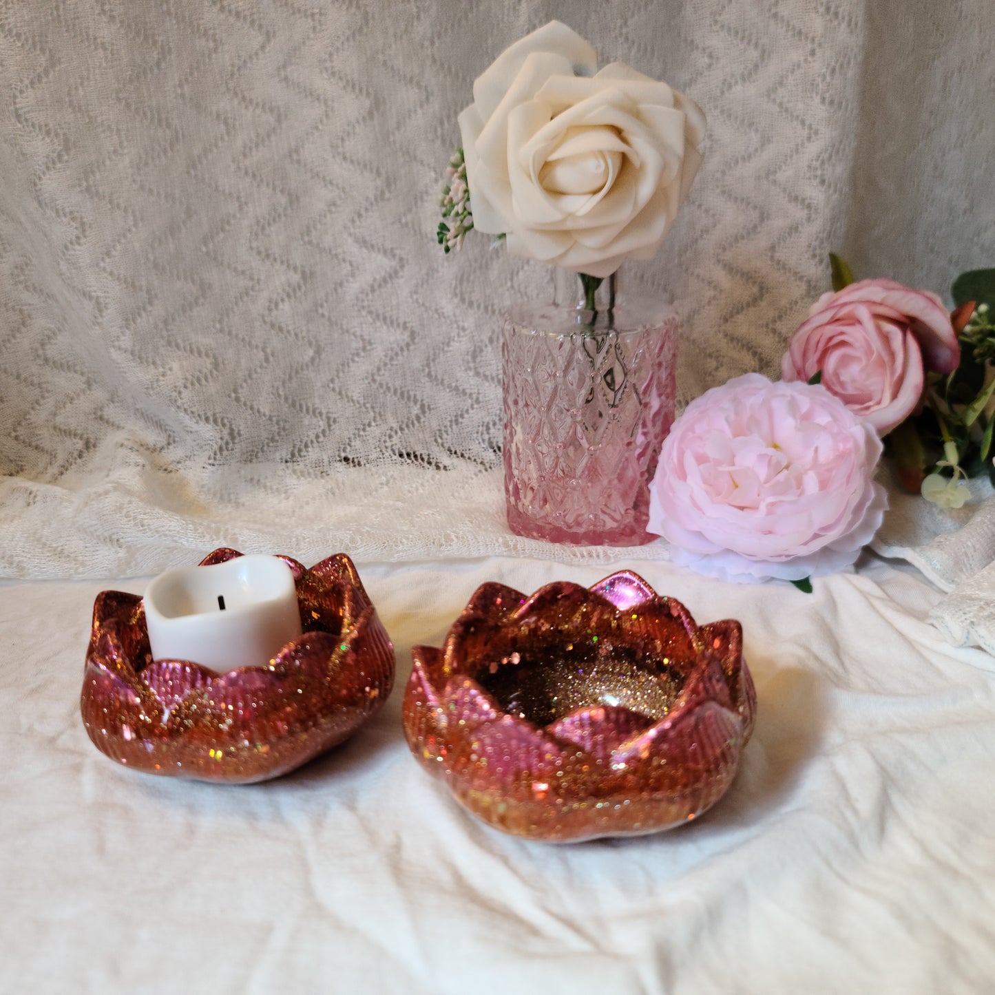 Pink, Orange, & Gold Flower Candle Holders. Set of 2, Resin