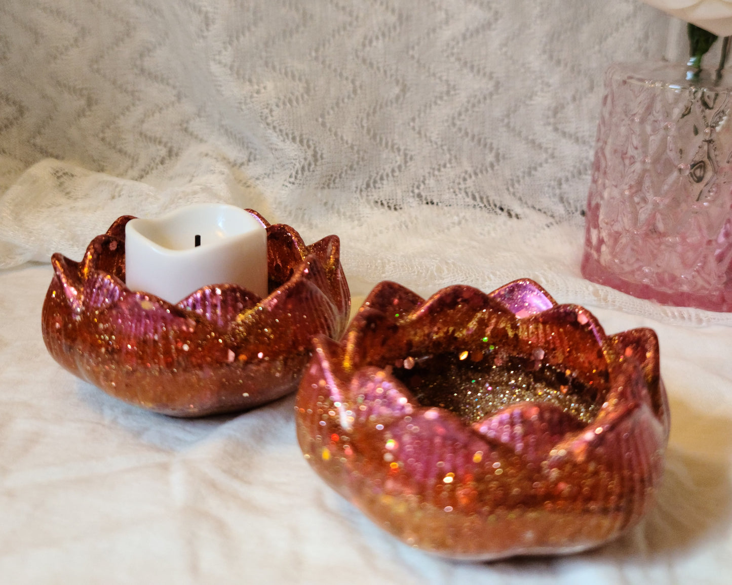 Pink, Orange, & Gold Flower Candle Holders. Set of 2, Resin