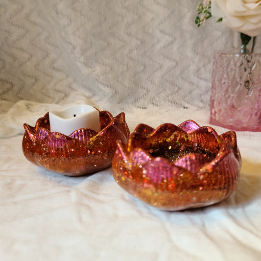 Pink, Orange, & Gold Flower Candle Holders. Set of 2, Resin