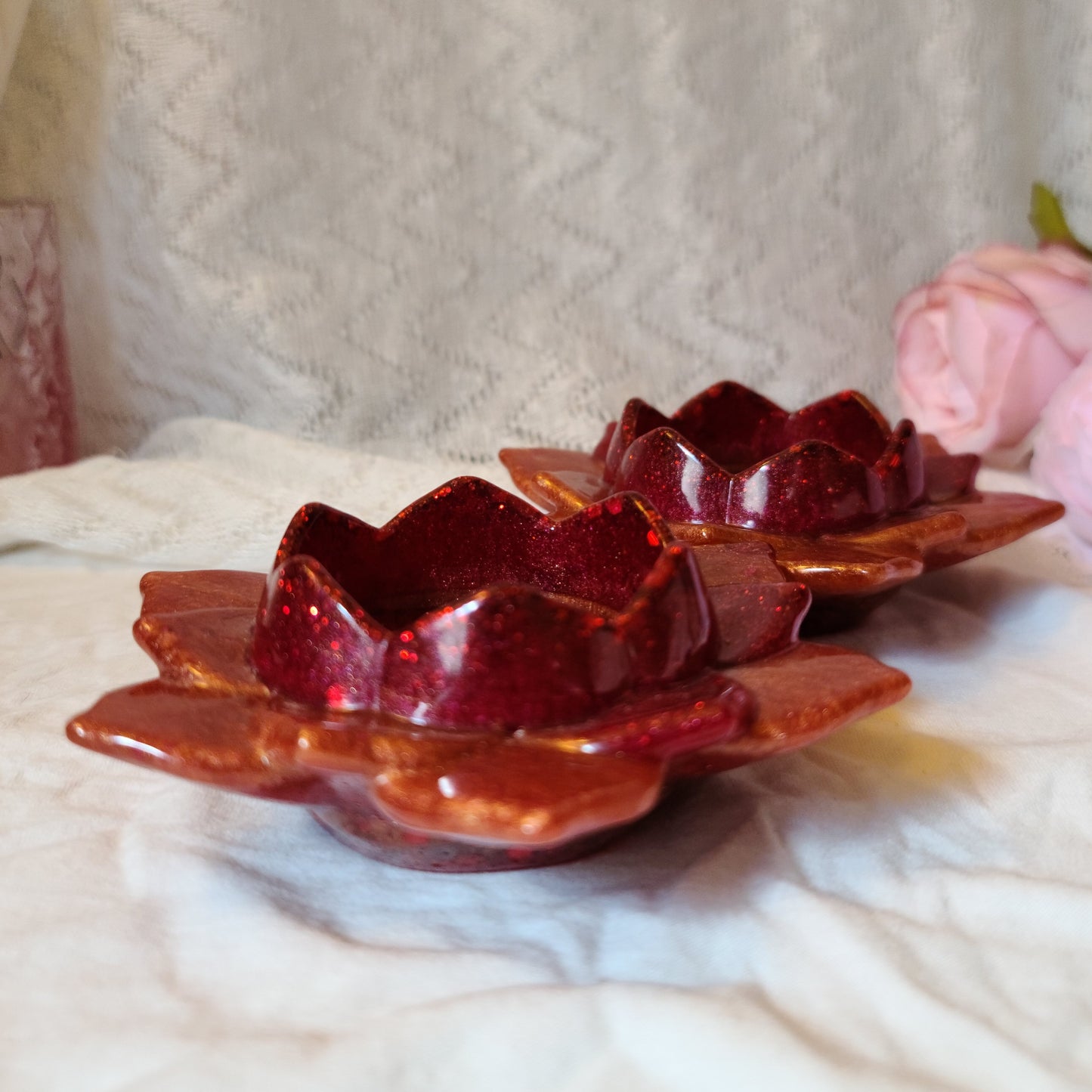 Red & Orange Glitter Flower Candle Holders, Set of 2, Resin