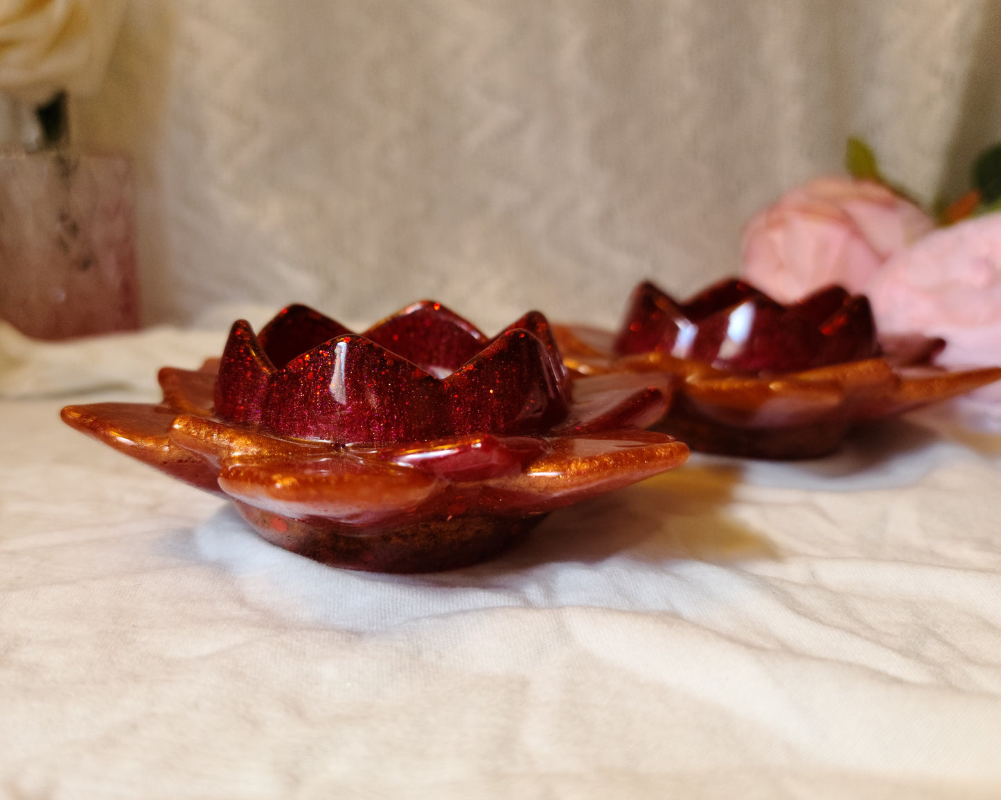 Red & Orange Glitter Flower Candle Holders, Set of 2, Resin