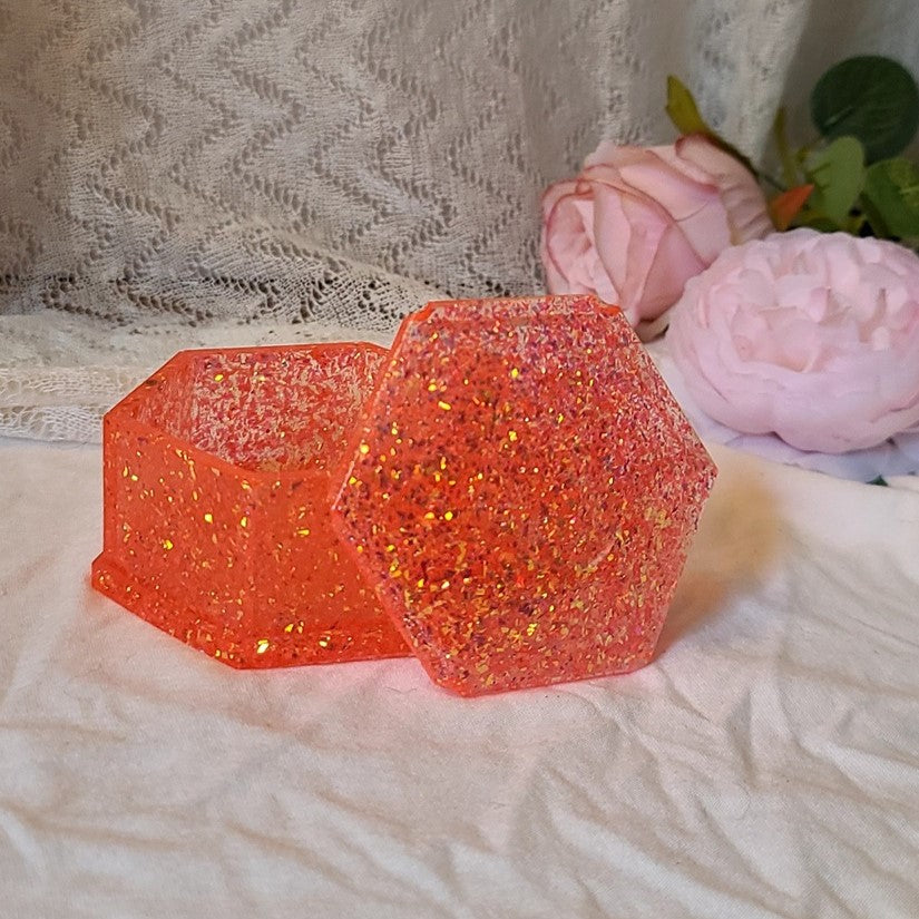 Orange Glitter Resin Jewelry Box, Small Trinket Box