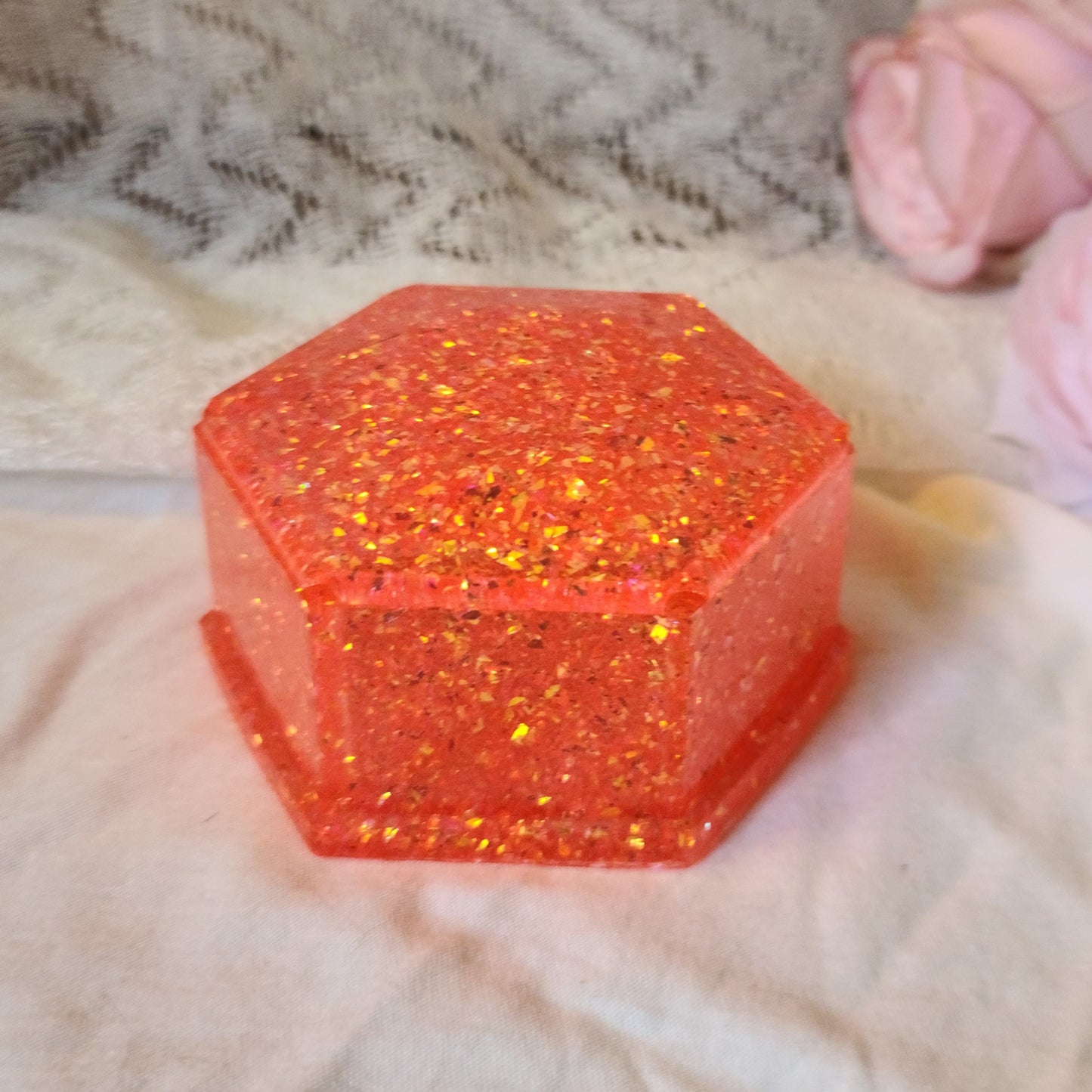 Orange Glitter Resin Jewelry Box, Small Trinket Box