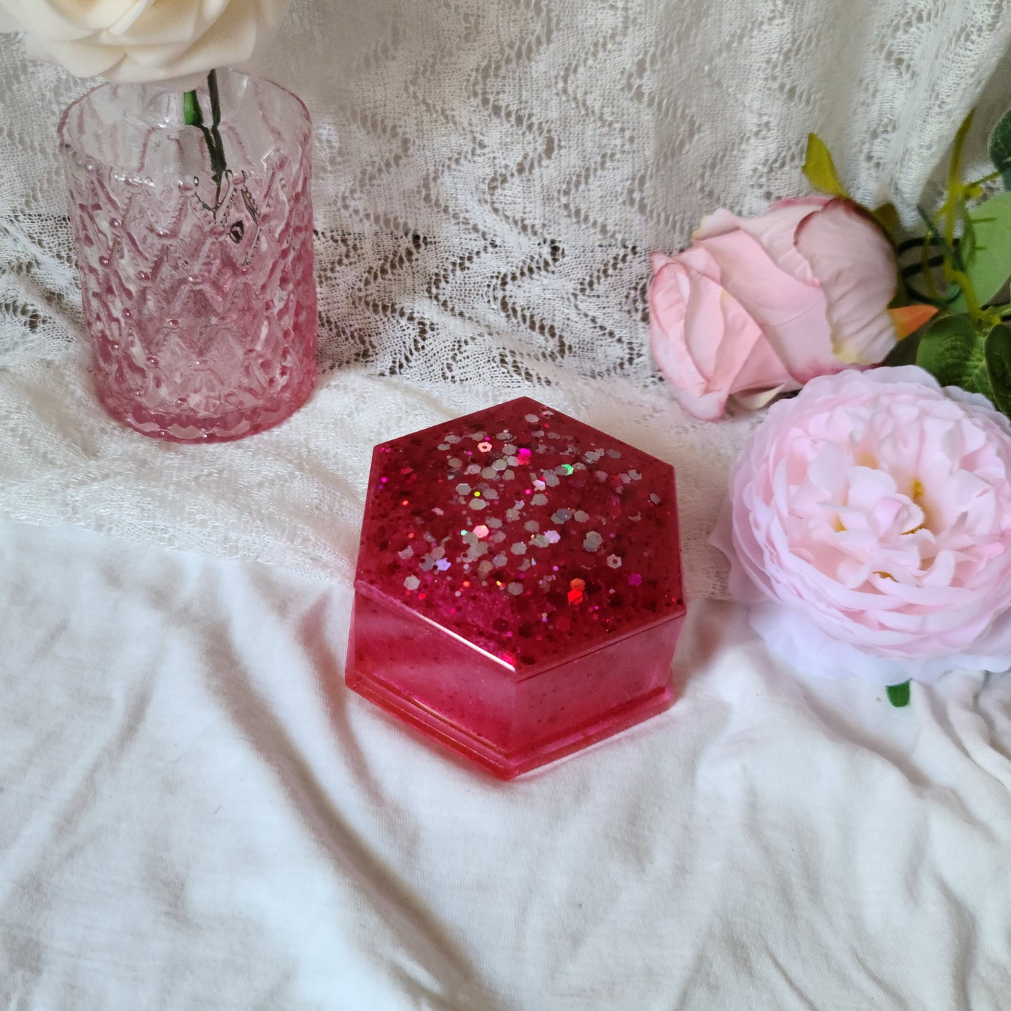 Pink Glitter Resin Jewelry Box, Small Trinket Box