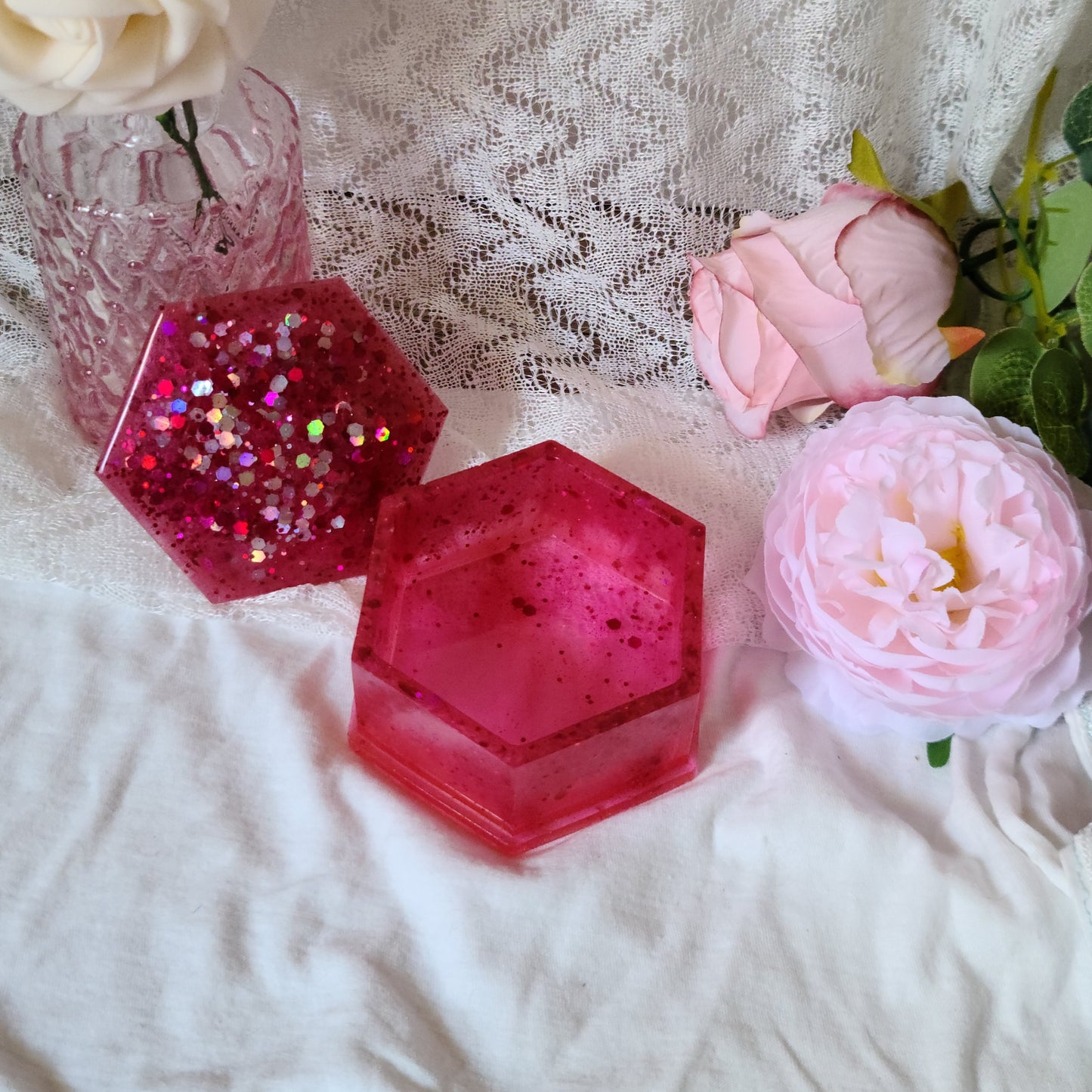 Pink Glitter Resin Jewelry Box, Small Trinket Box