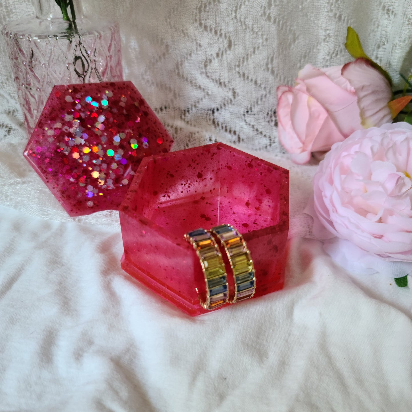 Pink Glitter Resin Jewelry Box, Small Trinket Box