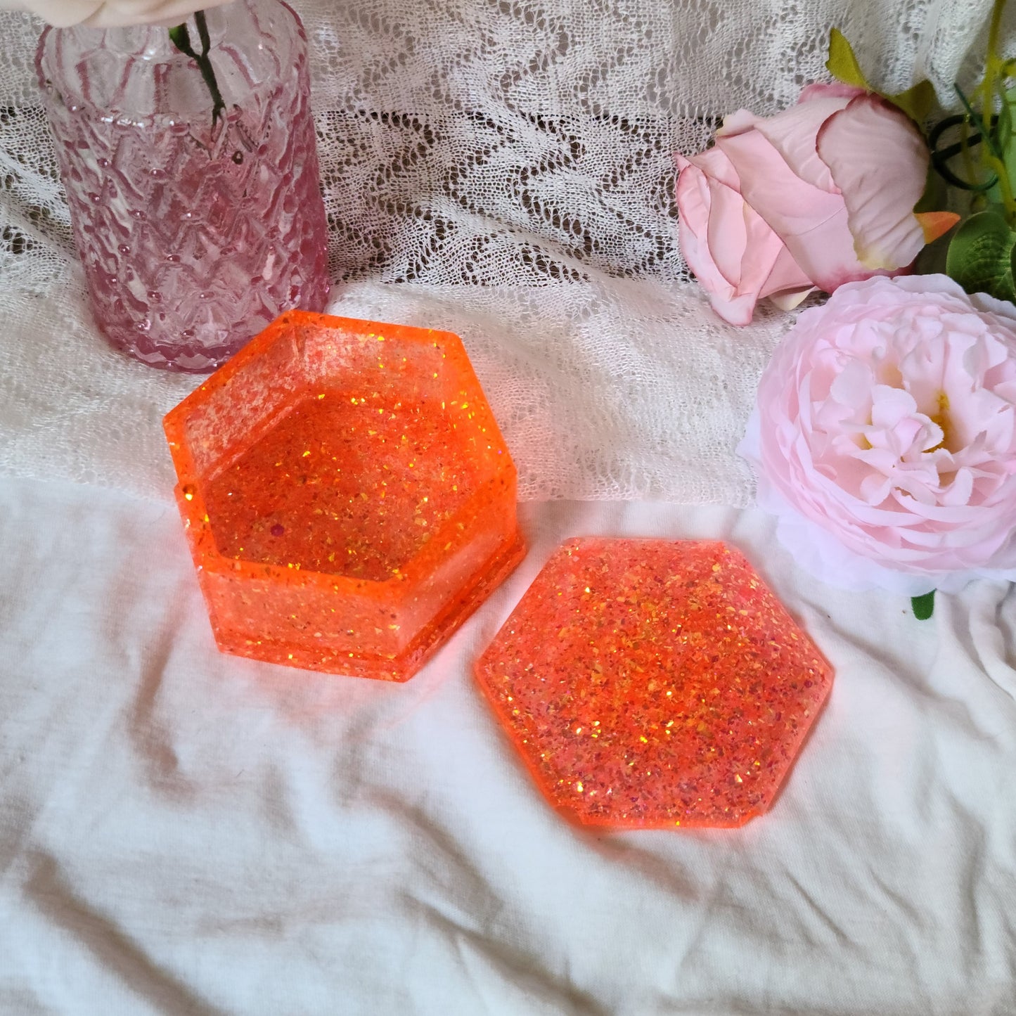 Orange Glitter Resin Jewelry Box, Small Trinket Box