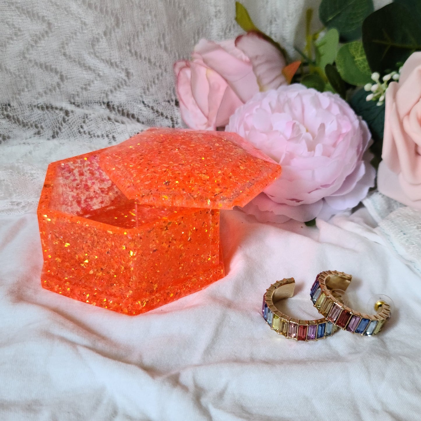 Orange Glitter Resin Jewelry Box, Small Trinket Box