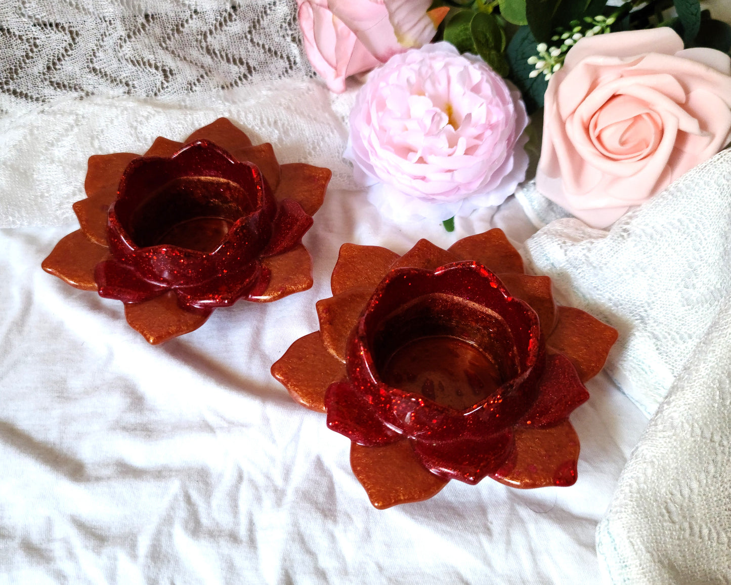 Red & Orange Glitter Flower Candle Holders, Set of 2, Resin