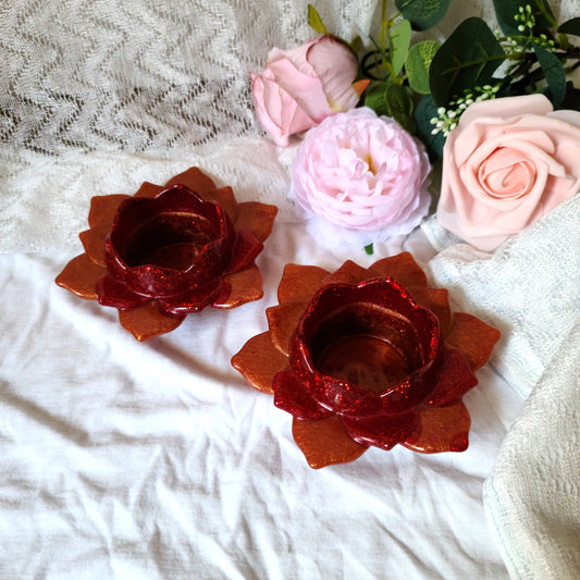 Red & Orange Glitter Flower Candle Holders, Set of 2, Resin