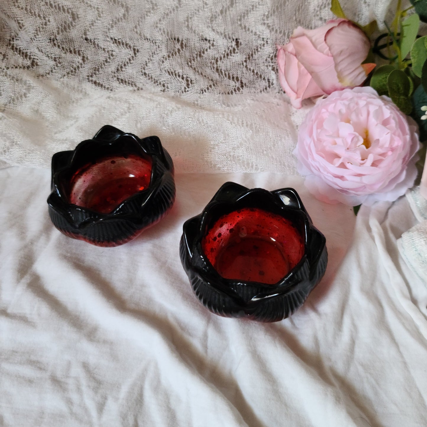 Red & Black Flower Candle Holders, Set of 2, Resin