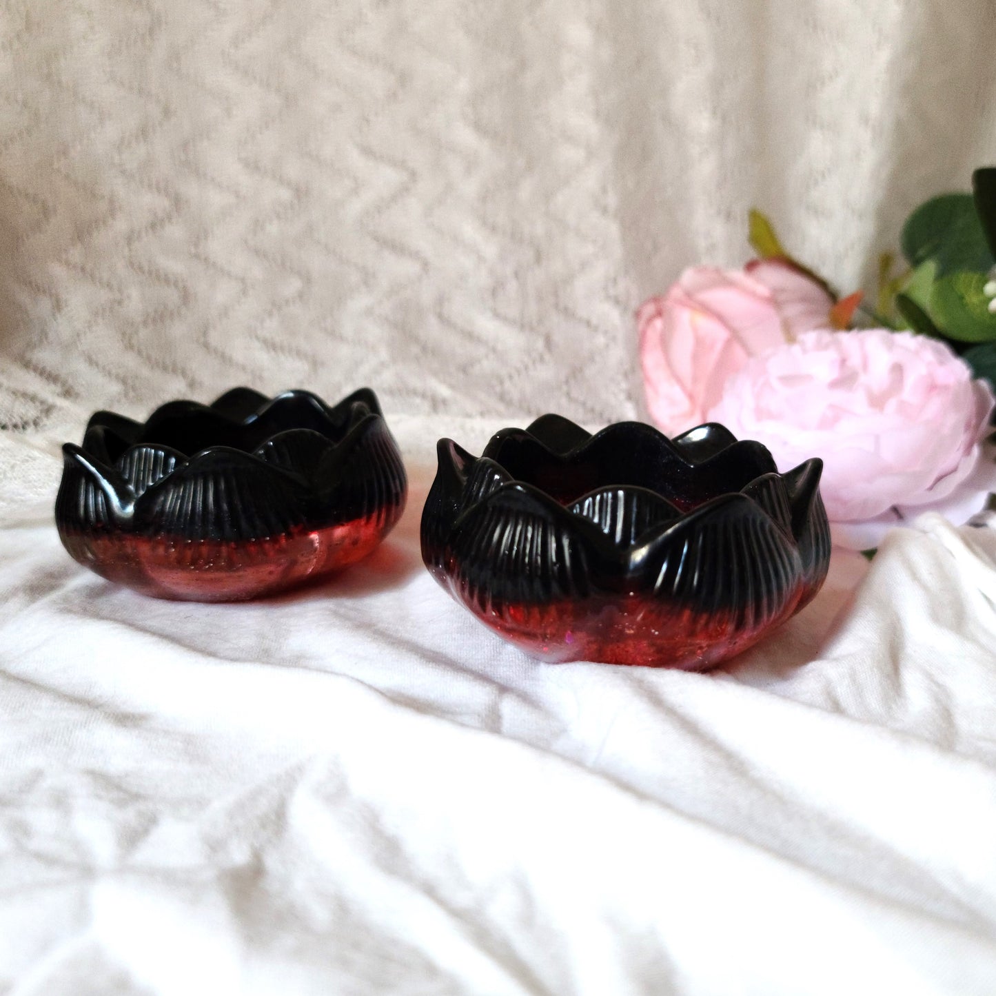 Red & Black Flower Candle Holders, Set of 2, Resin