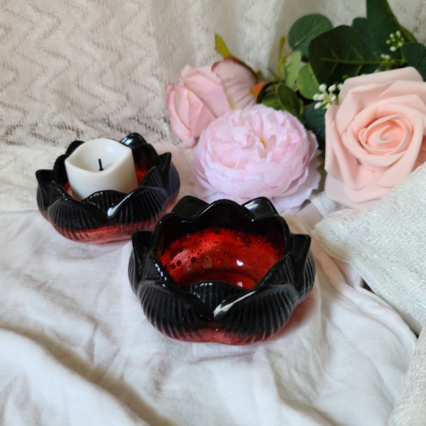 Red & Black Flower Candle Holders, Set of 2, Resin