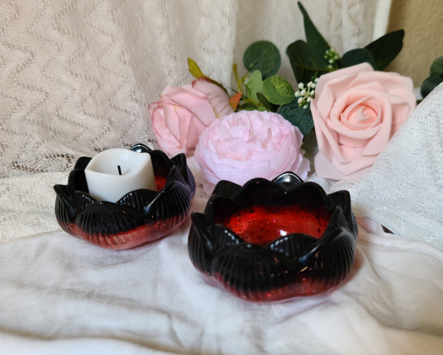 Red & Black Flower Candle Holders, Set of 2, Resin