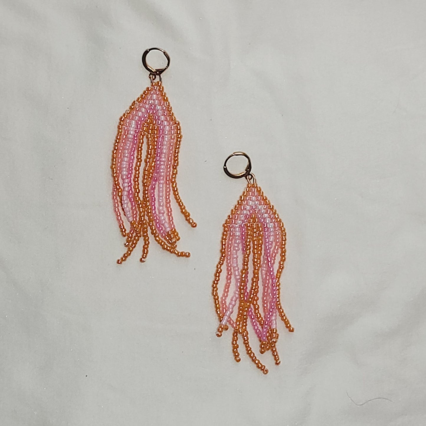 Orange & Pink Hand-Beaded Fringe Earrings