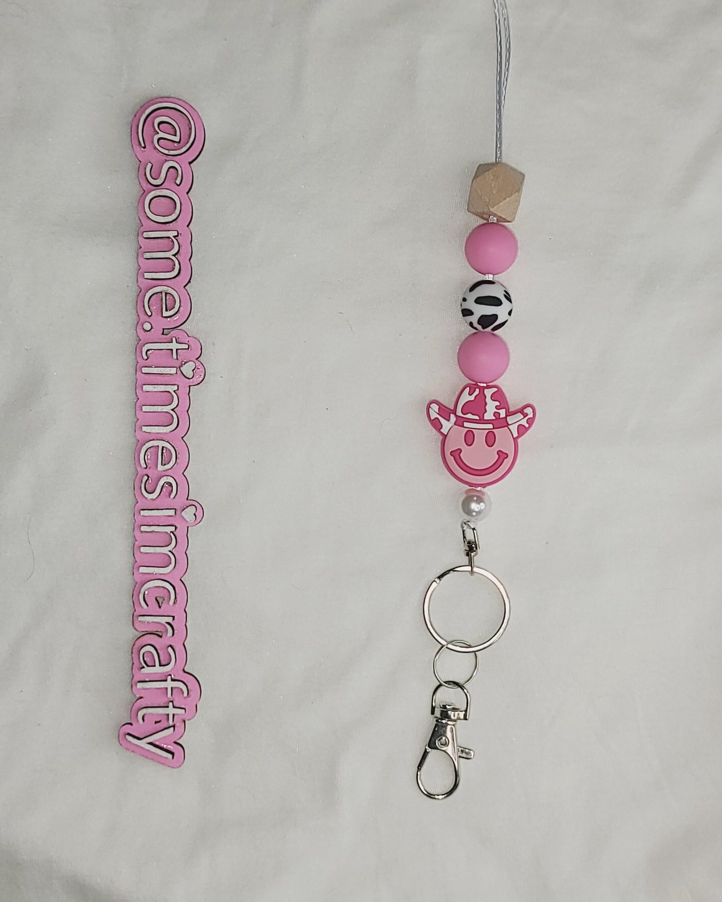 Pink Smile Face Cowgirl Silicone Bead Lanyard