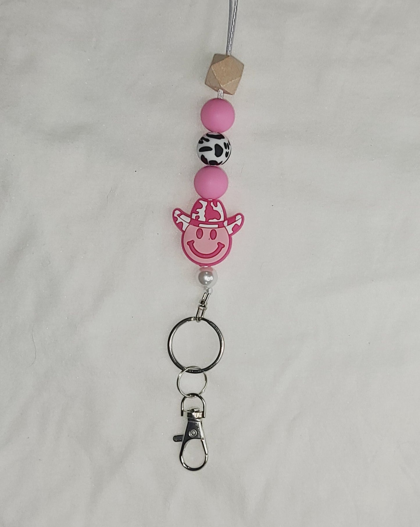 Pink Smile Face Cowgirl Silicone Bead Lanyard