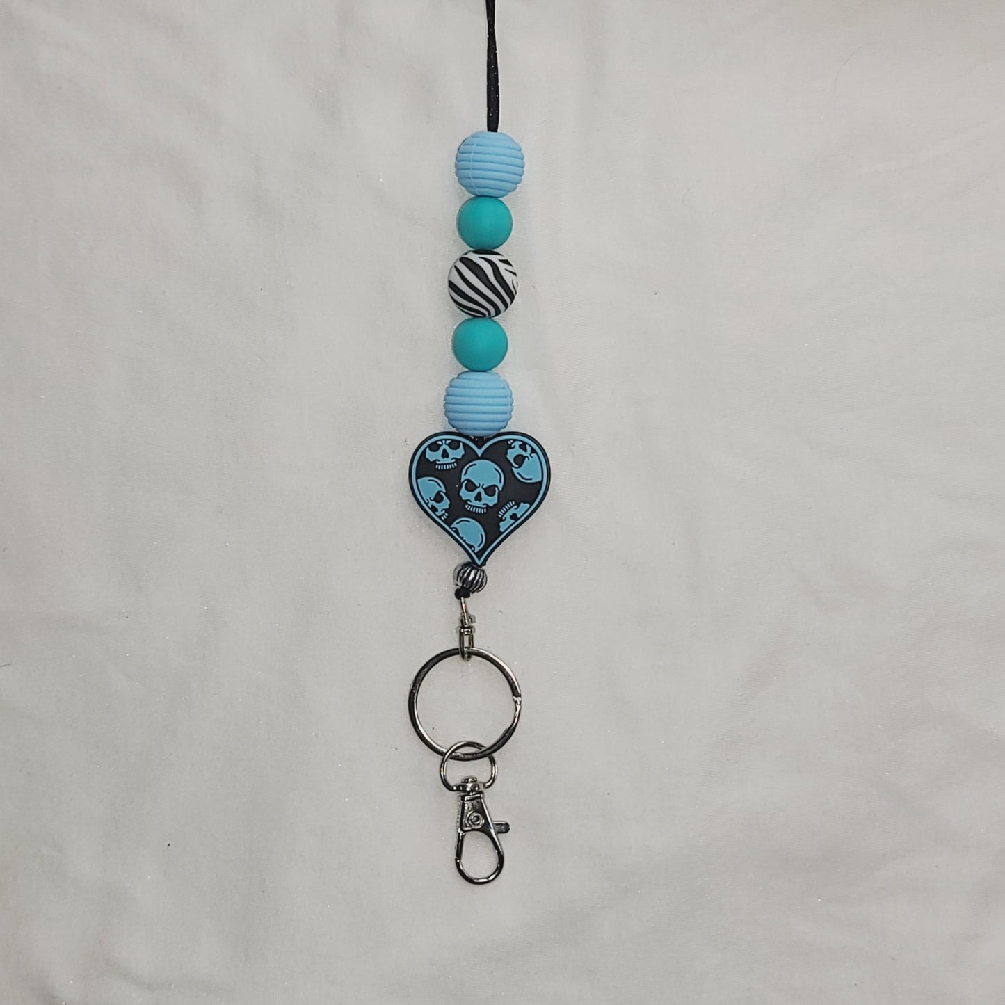 Blue Skull Heart Silicone Beaded Lanyard Keychain