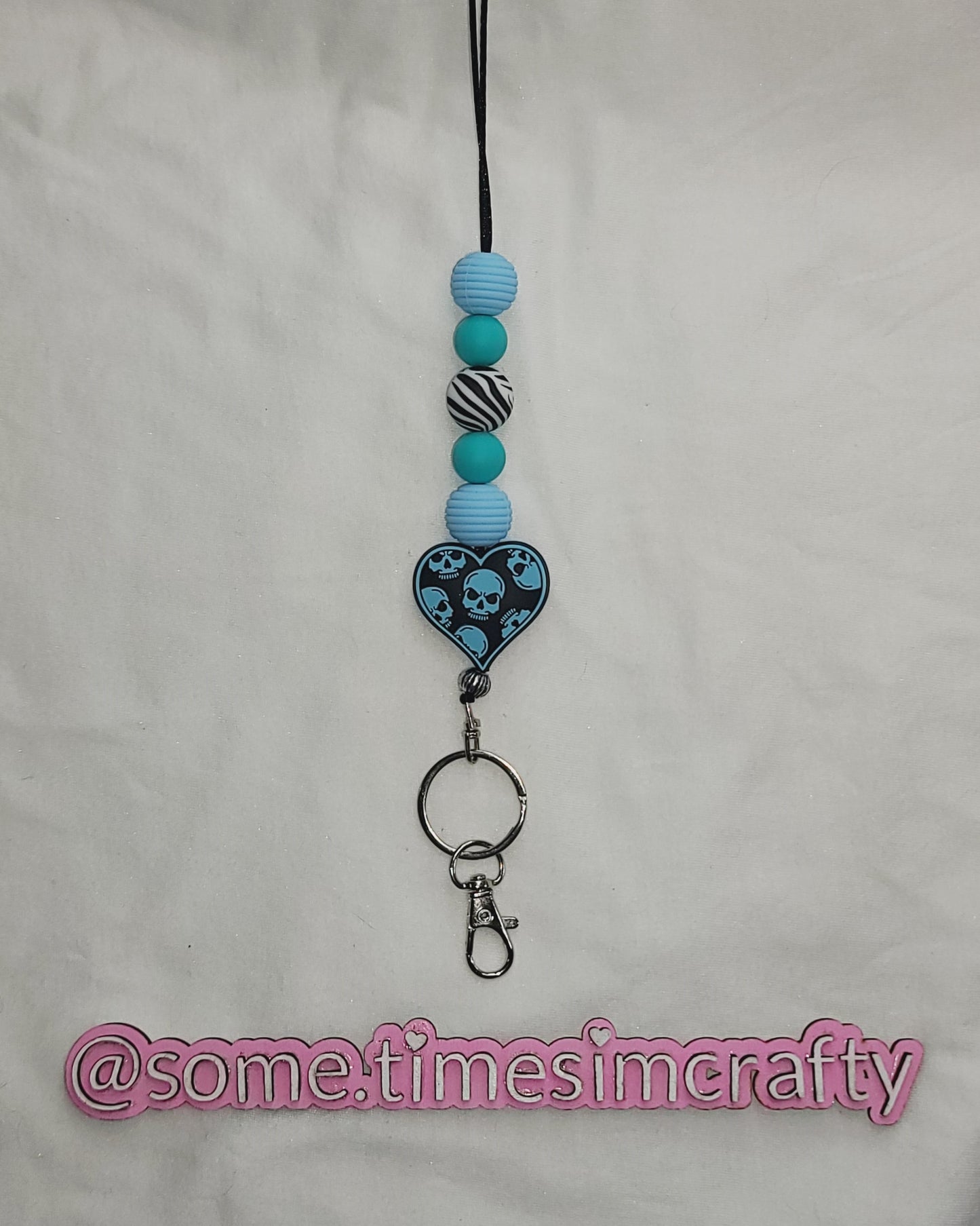 Blue Skull Heart Silicone Beaded Lanyard Keychain