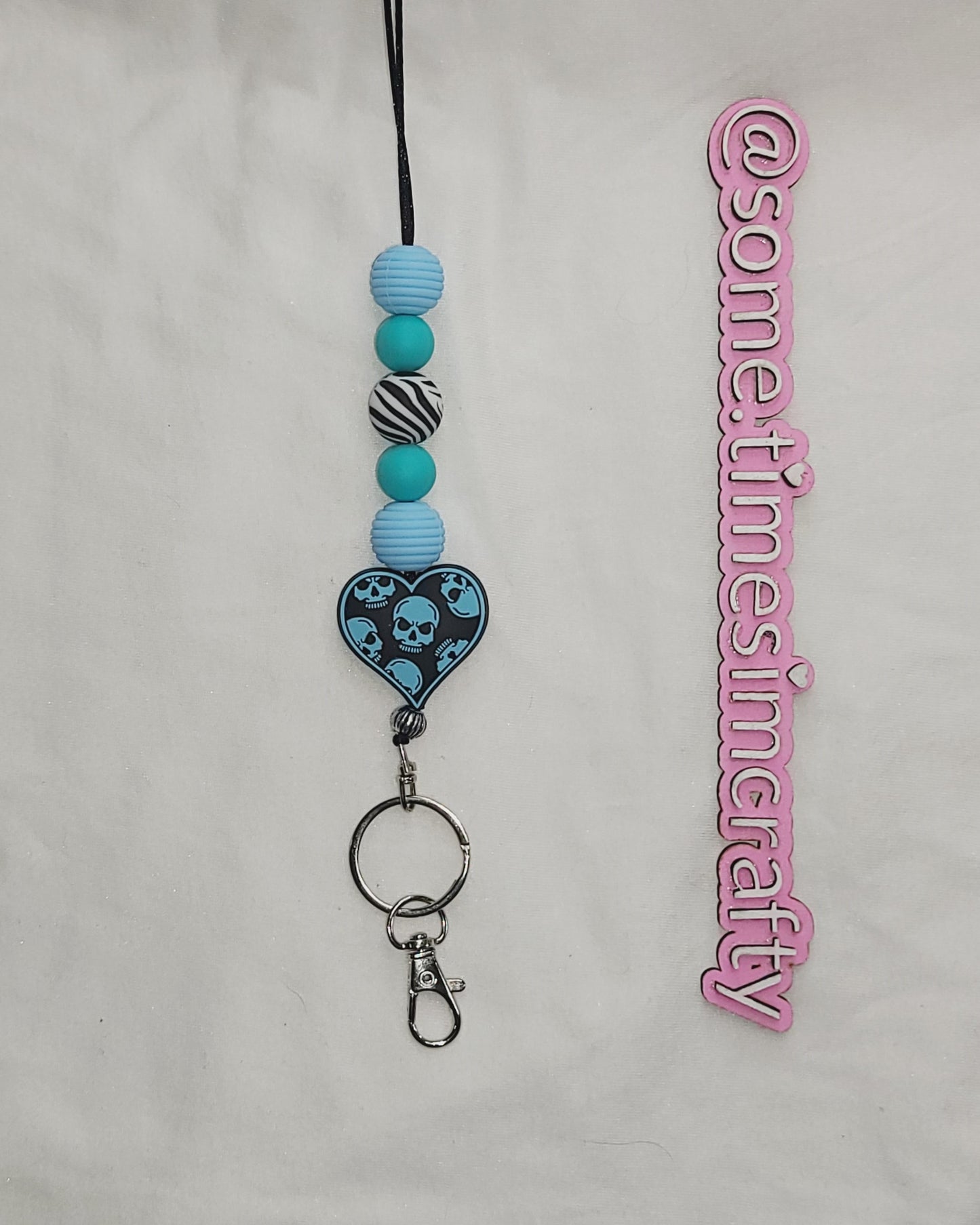 Blue Skull Heart Silicone Beaded Lanyard Keychain