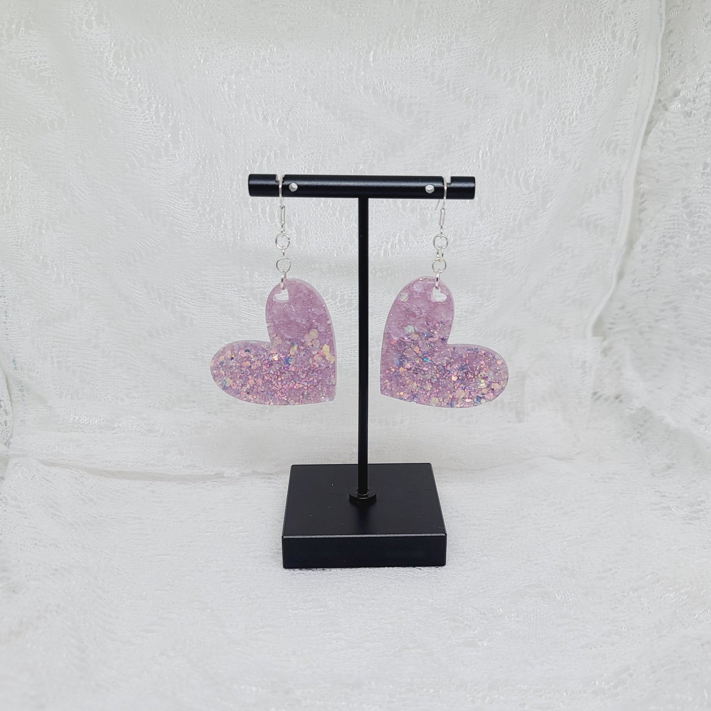 Purple Glitter Leopard Print Heart Dangle Earrings