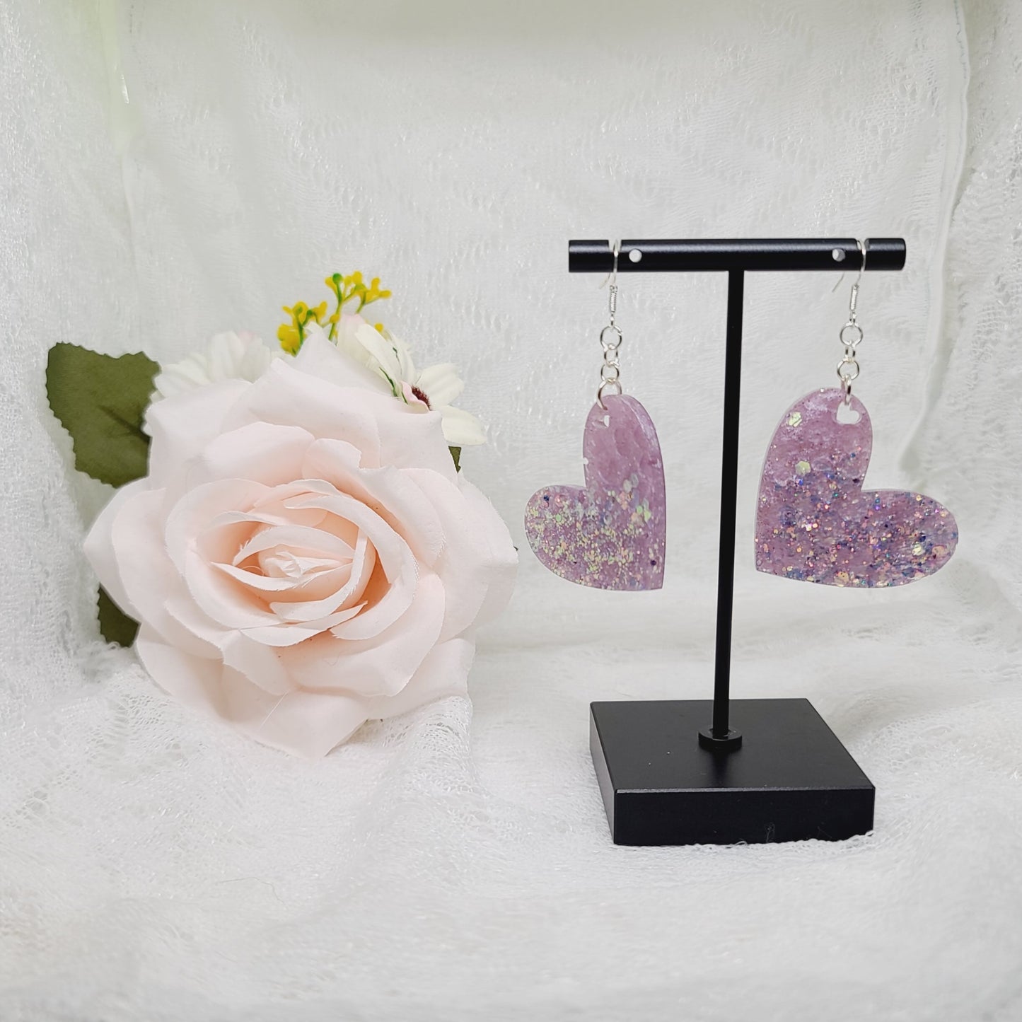 Purple Glitter Leopard Print Heart Dangle Earrings