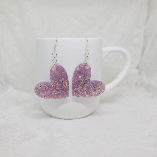 Purple Glitter Leopard Print Heart Dangle Earrings