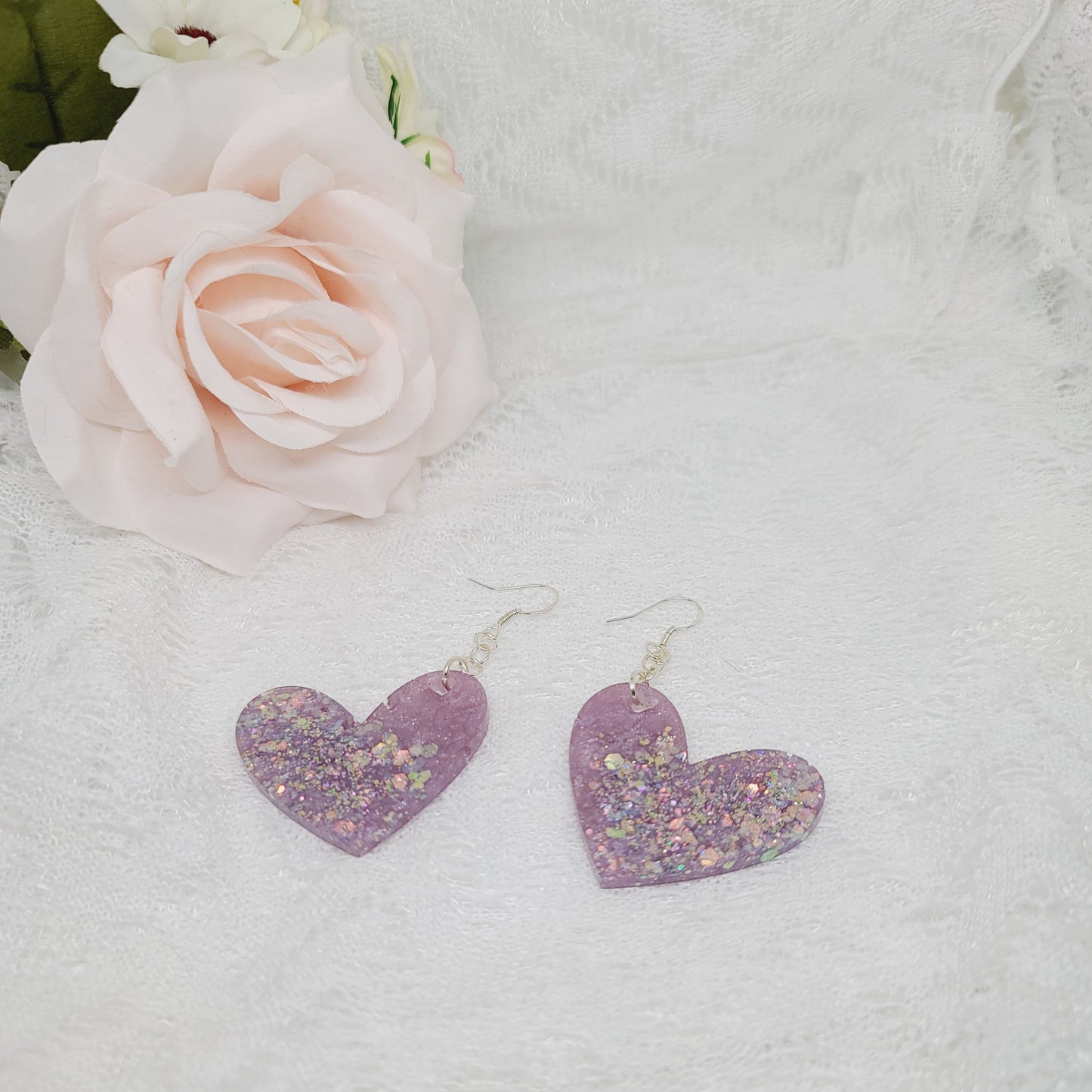 Purple Glitter Leopard Print Heart Dangle Earrings