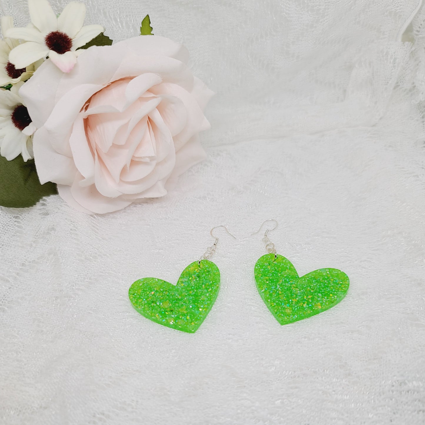 Electric Green Heart Dangle Earrings