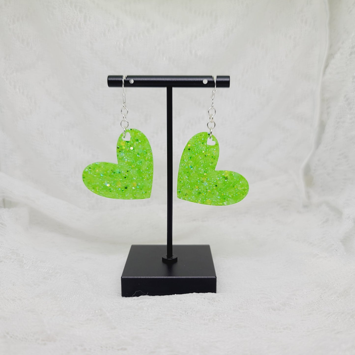 Electric Green Heart Dangle Earrings