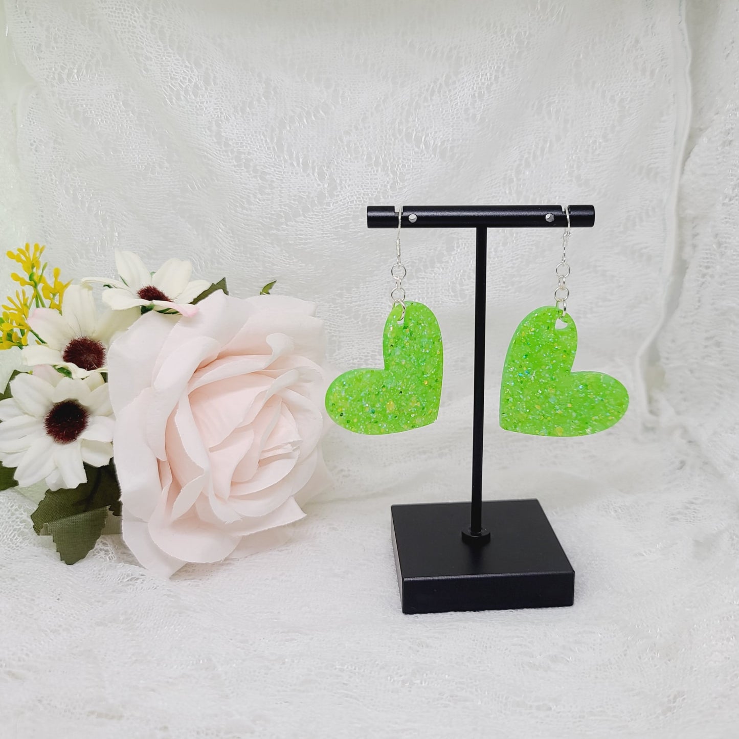 Electric Green Heart Dangle Earrings