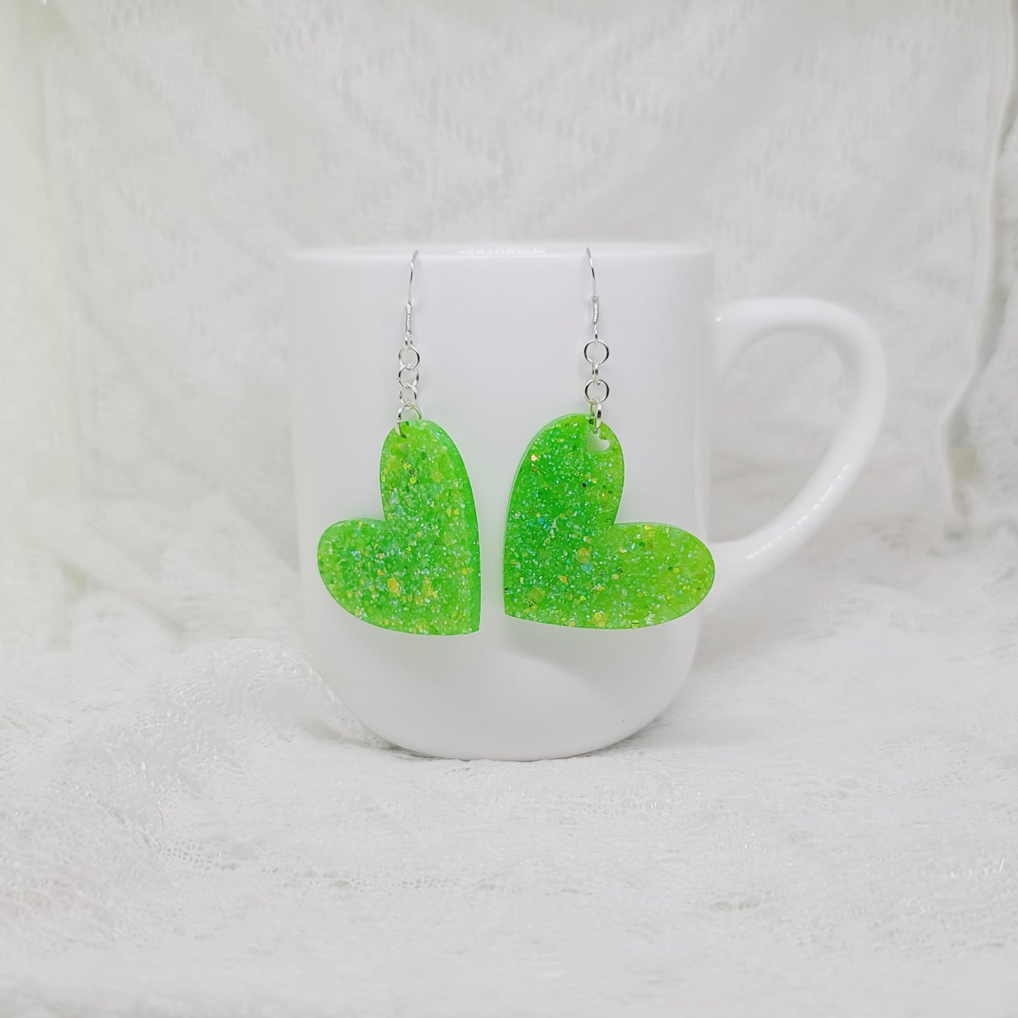 Electric Green Heart Dangle Earrings