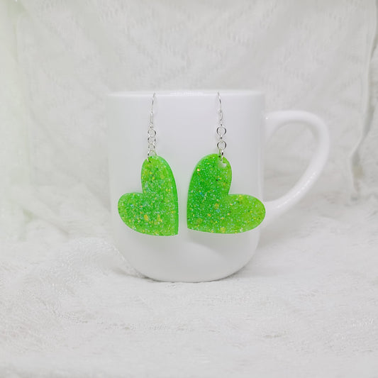 Electric Green Heart Dangle Earrings