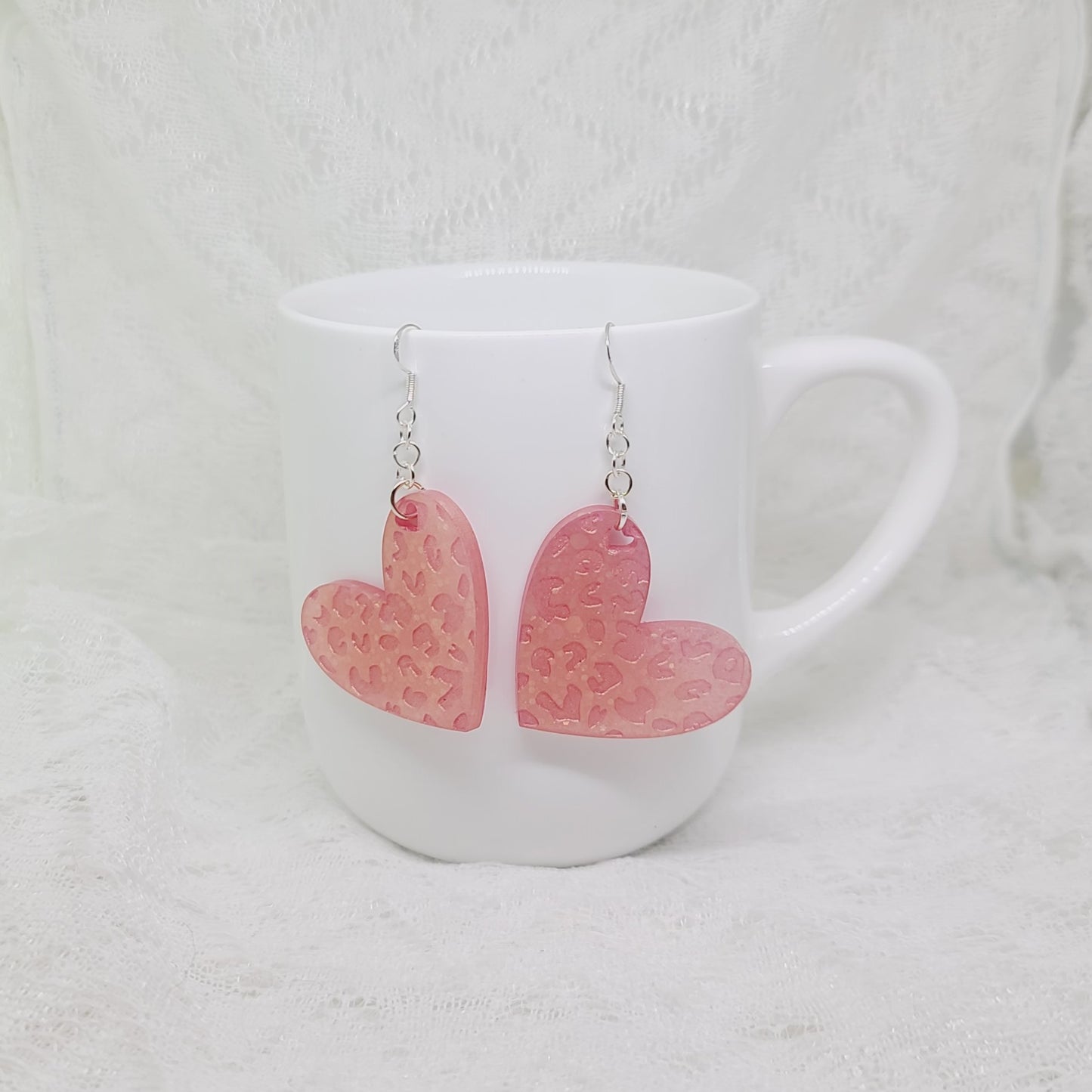 Pink Leopard Print Engraved Heart Dangle Earrings