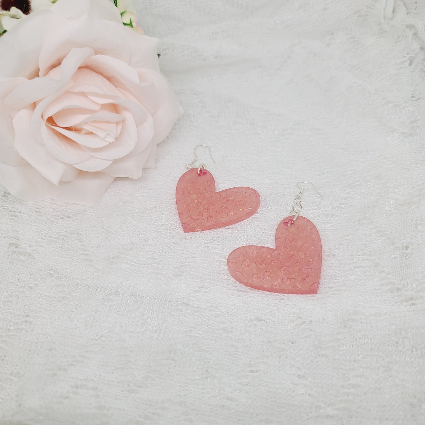 Pink Leopard Print Engraved Heart Dangle Earrings