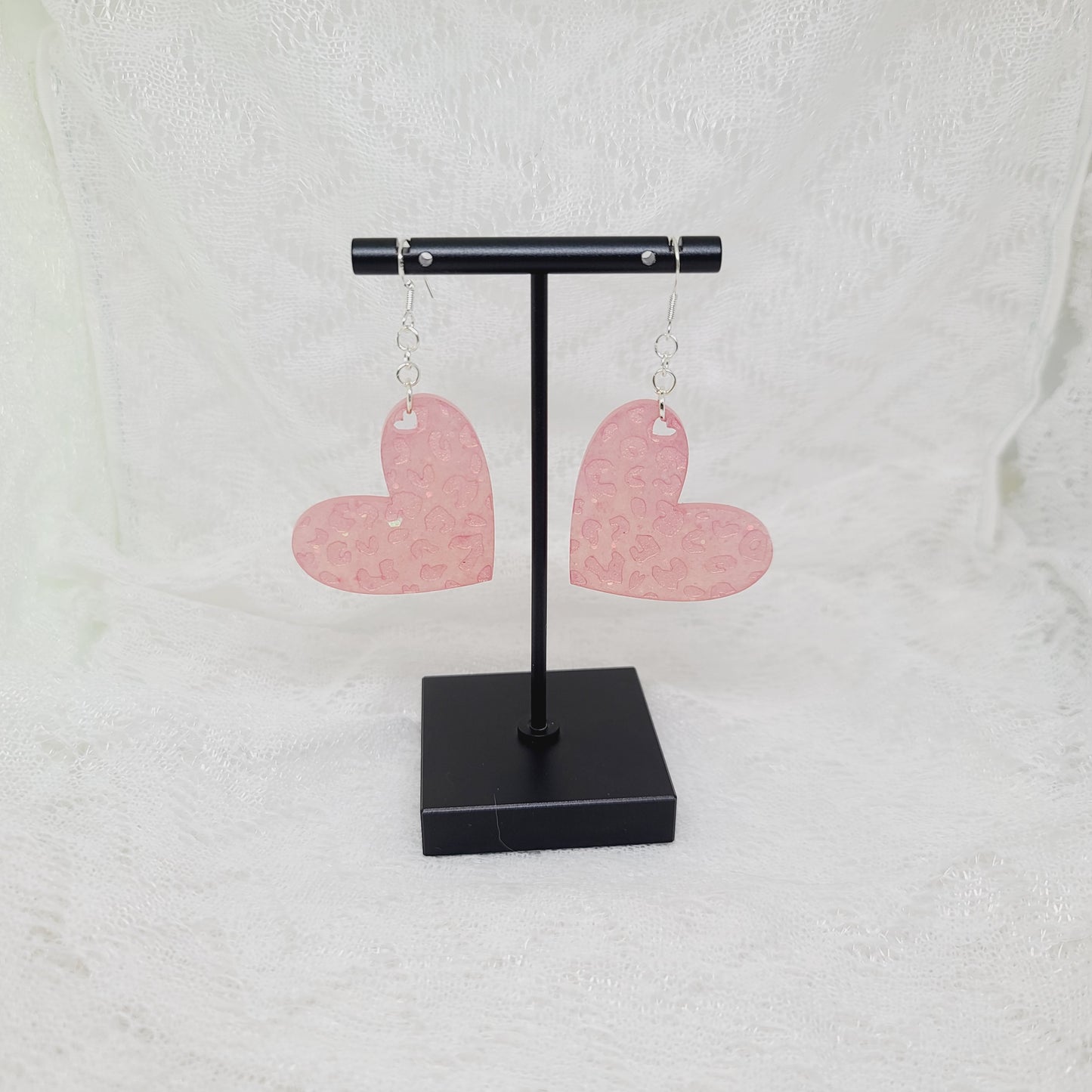 Pink Leopard Print Engraved Heart Dangle Earrings