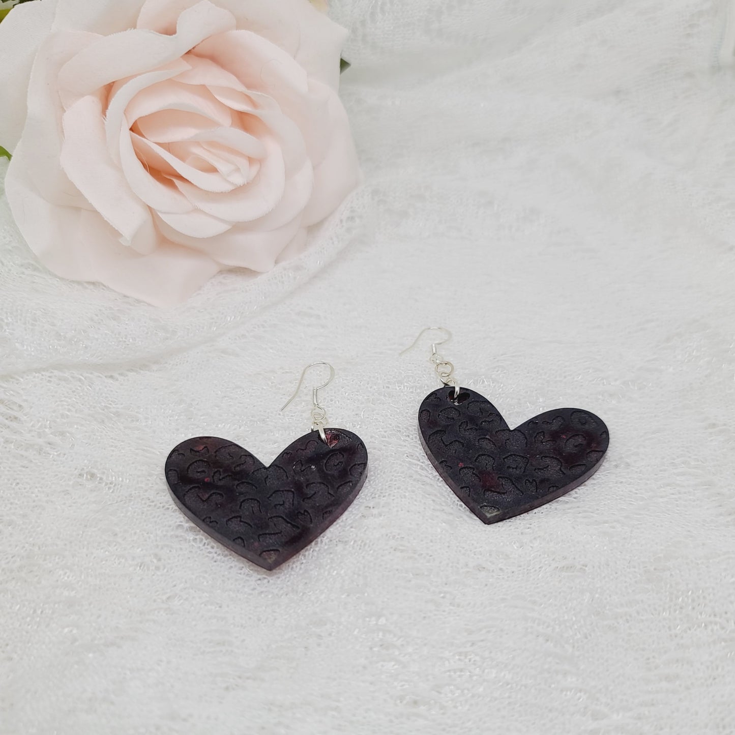 Black & Red Leopard Print Heart Dangle Earrings