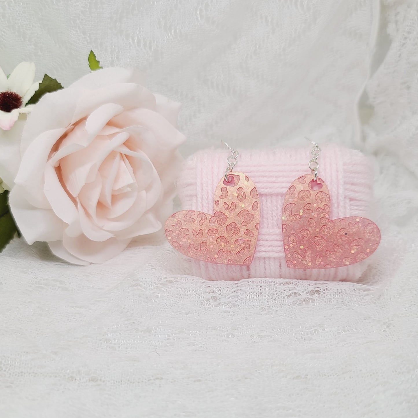 Pink Leopard Print Engraved Heart Dangle Earrings