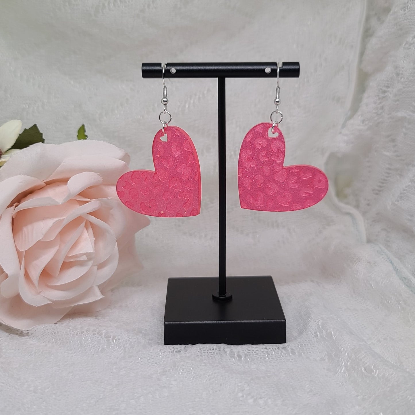 Hot Pink Leopard Print Heart Dangle Earrings