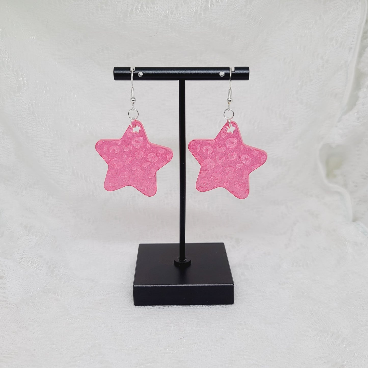 Hot Pink Leopard Print Star Dangle Earrings