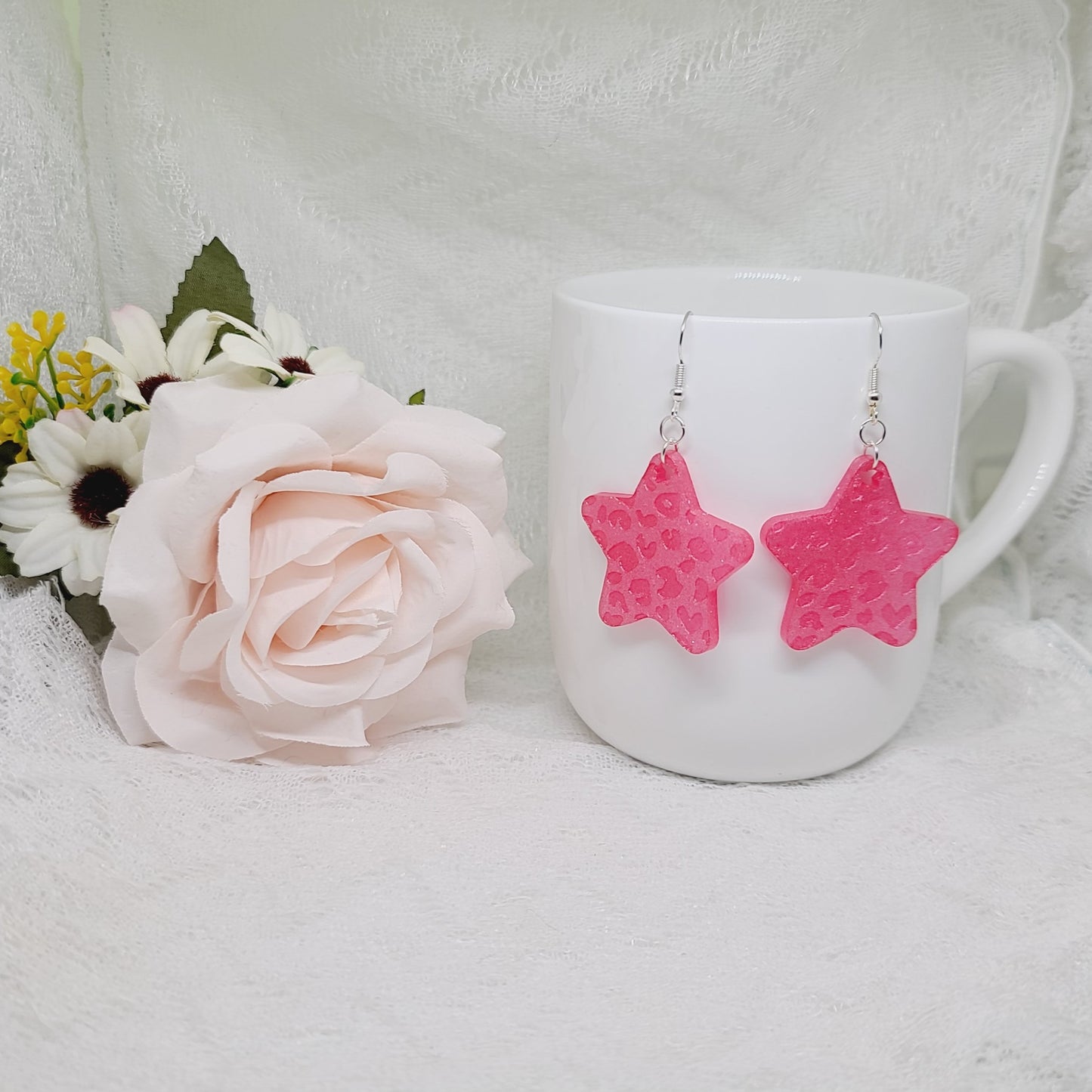 Hot Pink Leopard Print Star Dangle Earrings