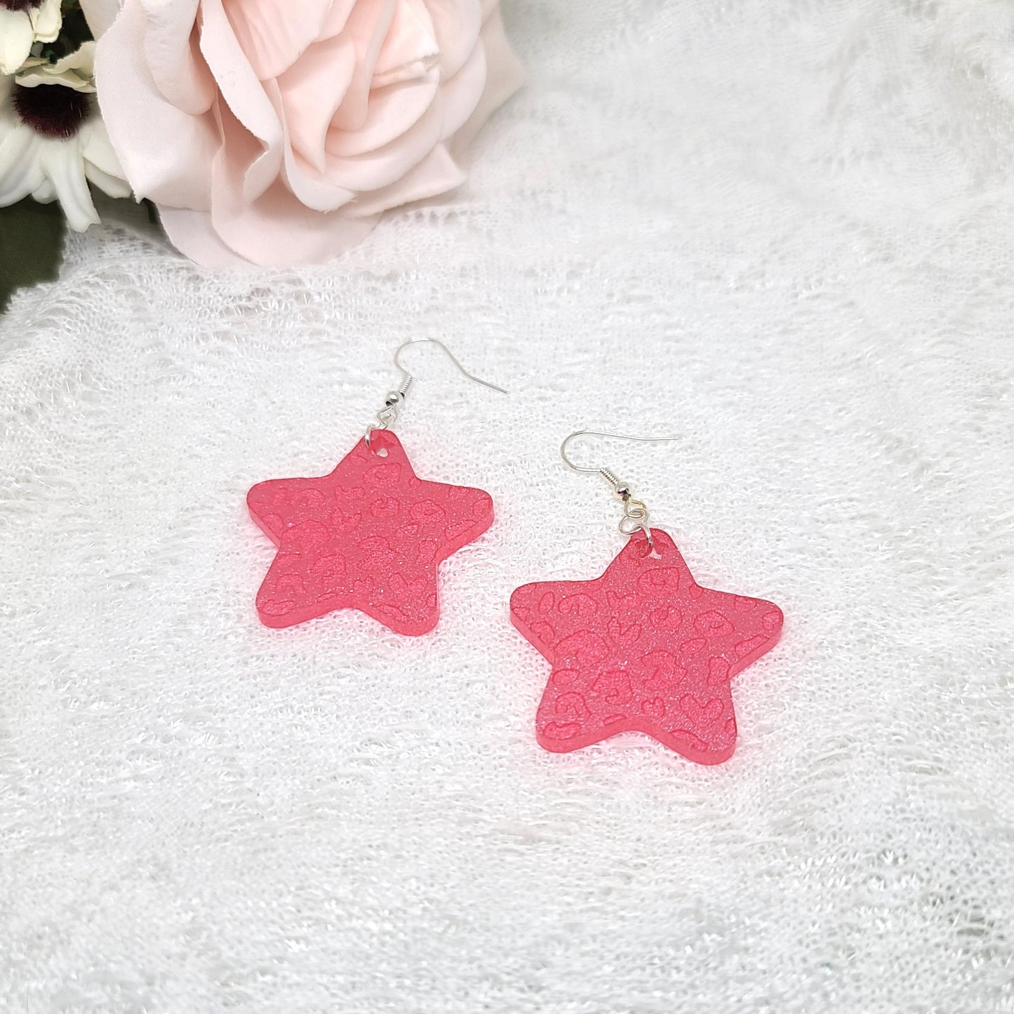 Hot Pink Leopard Print Star Dangle Earrings