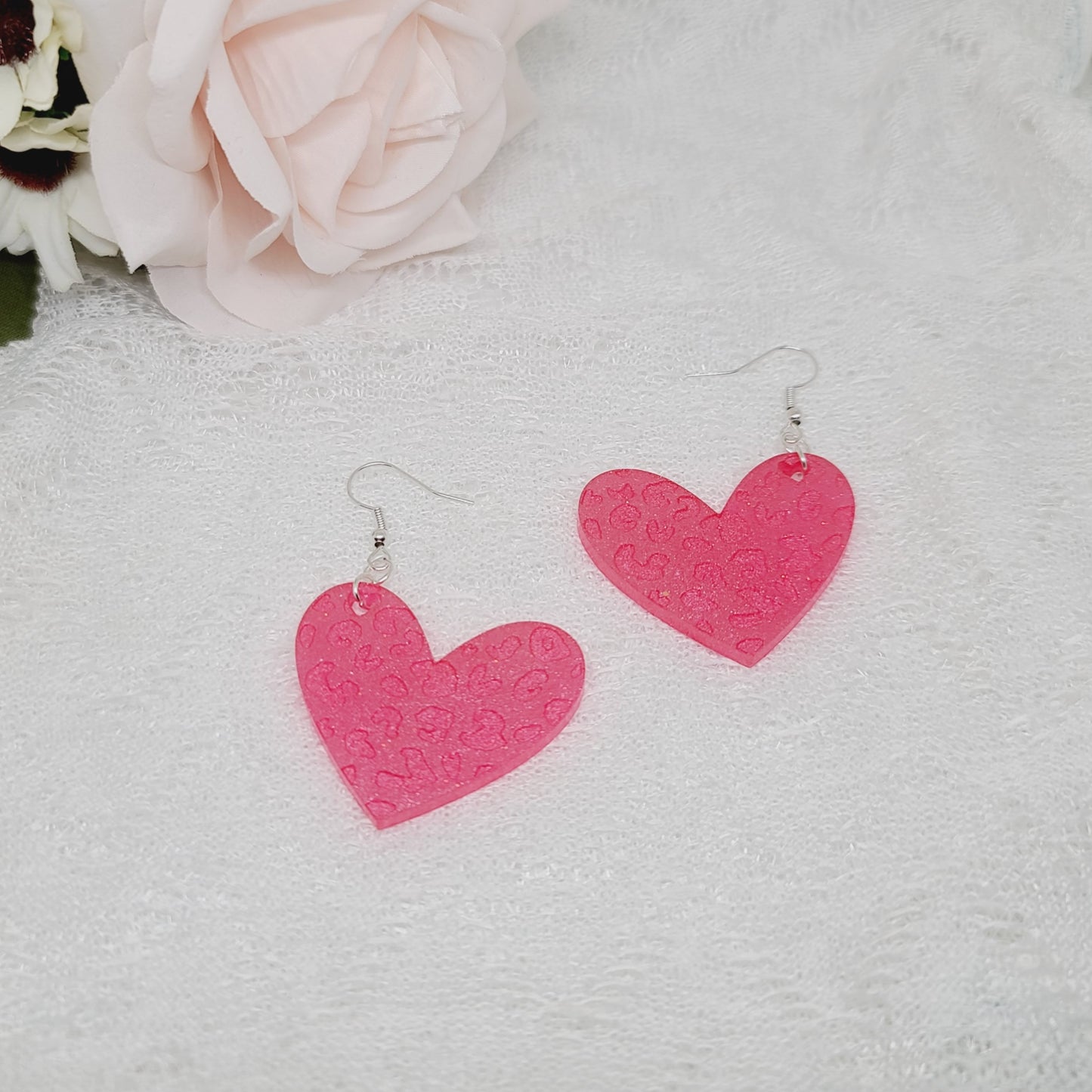 Hot Pink Leopard Print Heart Dangle Earrings