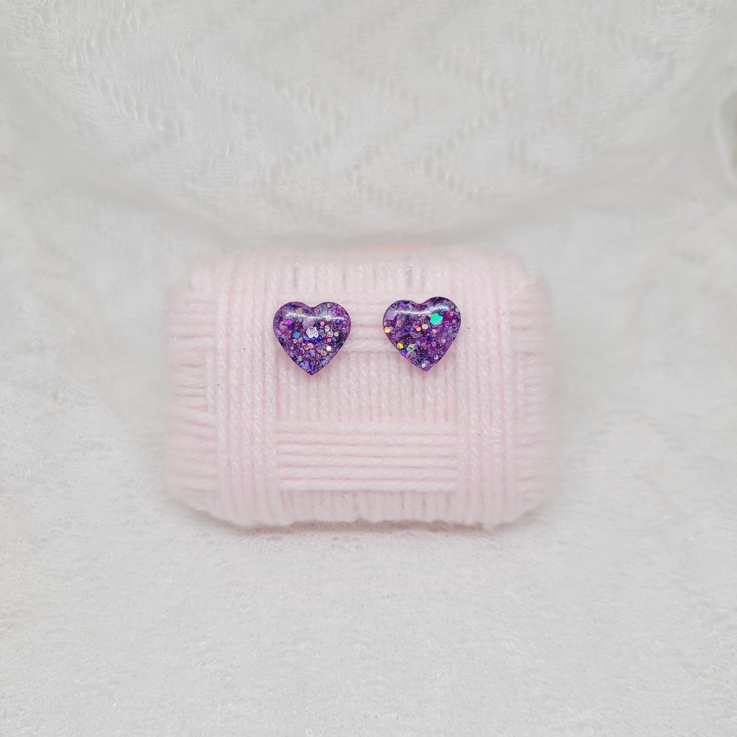 Purple Glitter Heart Stud Earrings