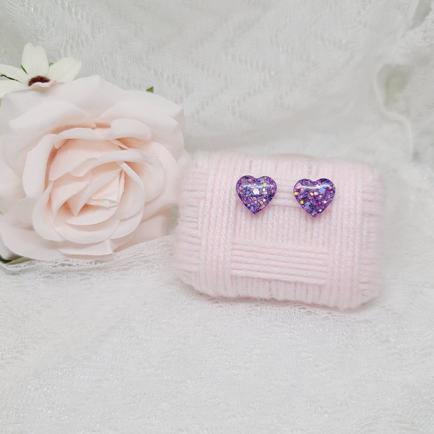 Purple Glitter Heart Stud Earrings