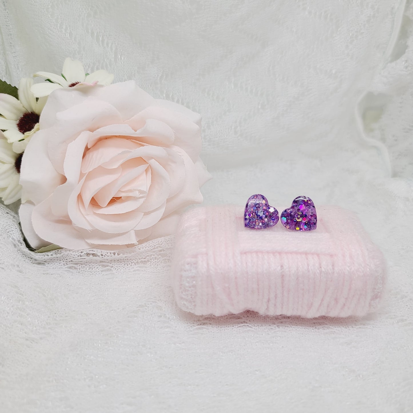 Purple Glitter Heart Stud Earrings