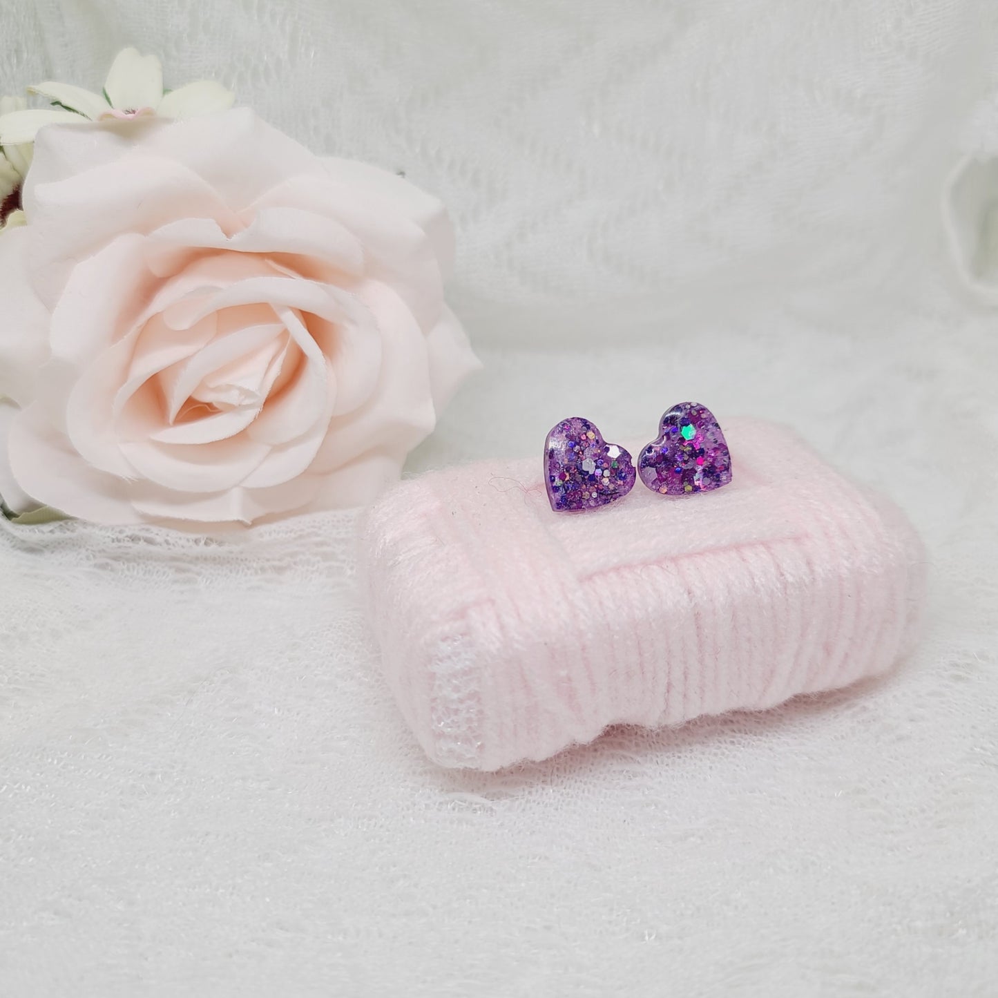 Purple Glitter Heart Stud Earrings