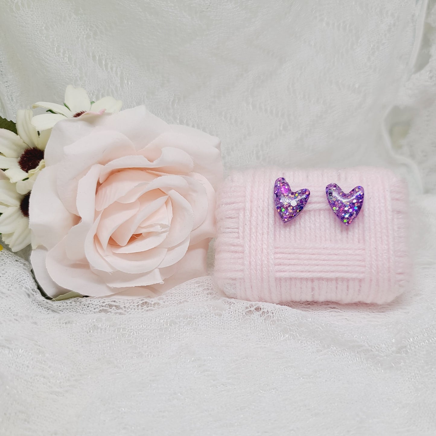 Purple Glitter Heart Stud Earrings