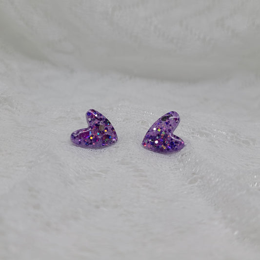 Purple Glitter Heart Stud Earrings